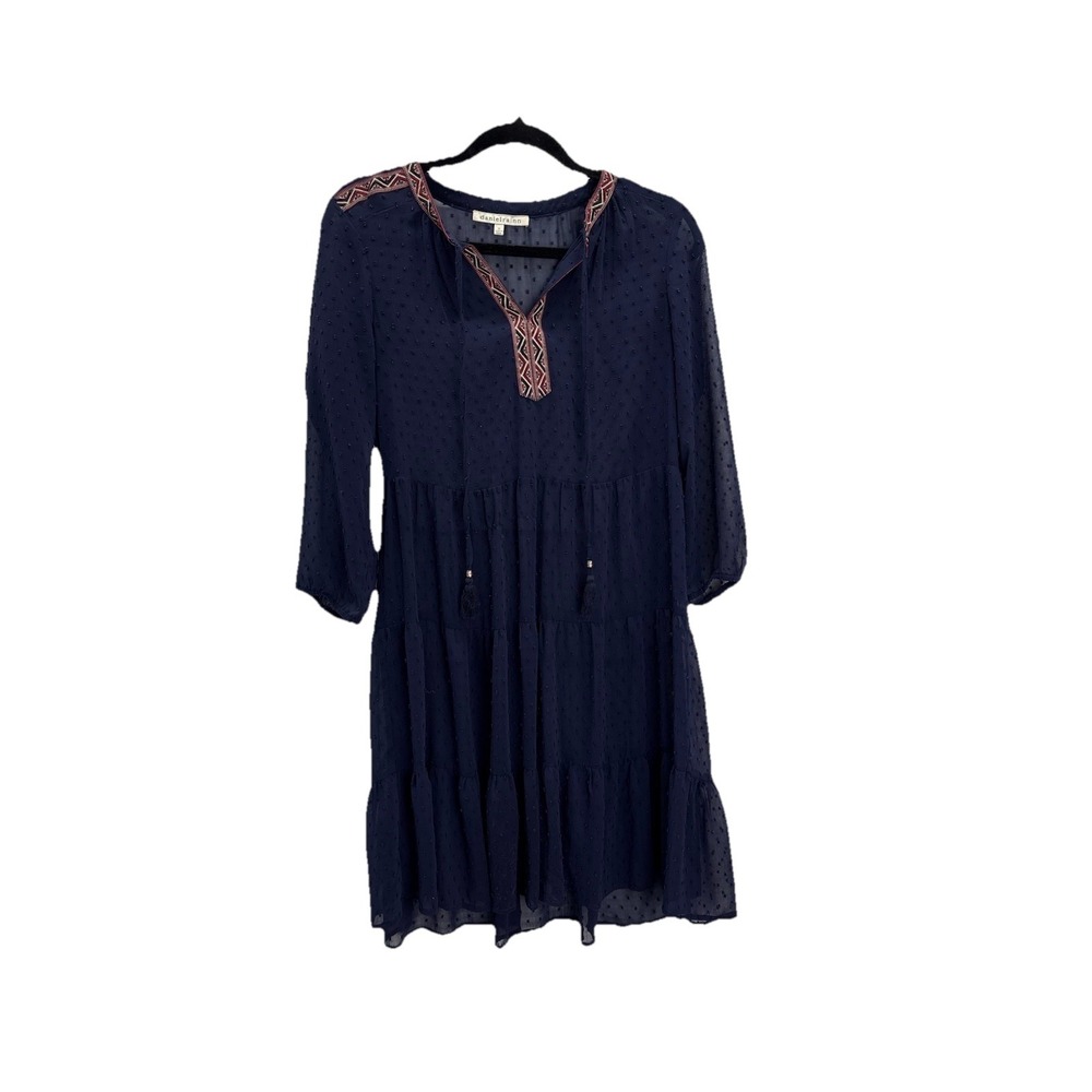 Daniel Rain Sheer Blue Mid Length Dress Boho Tassels Women's Size X-Small‎